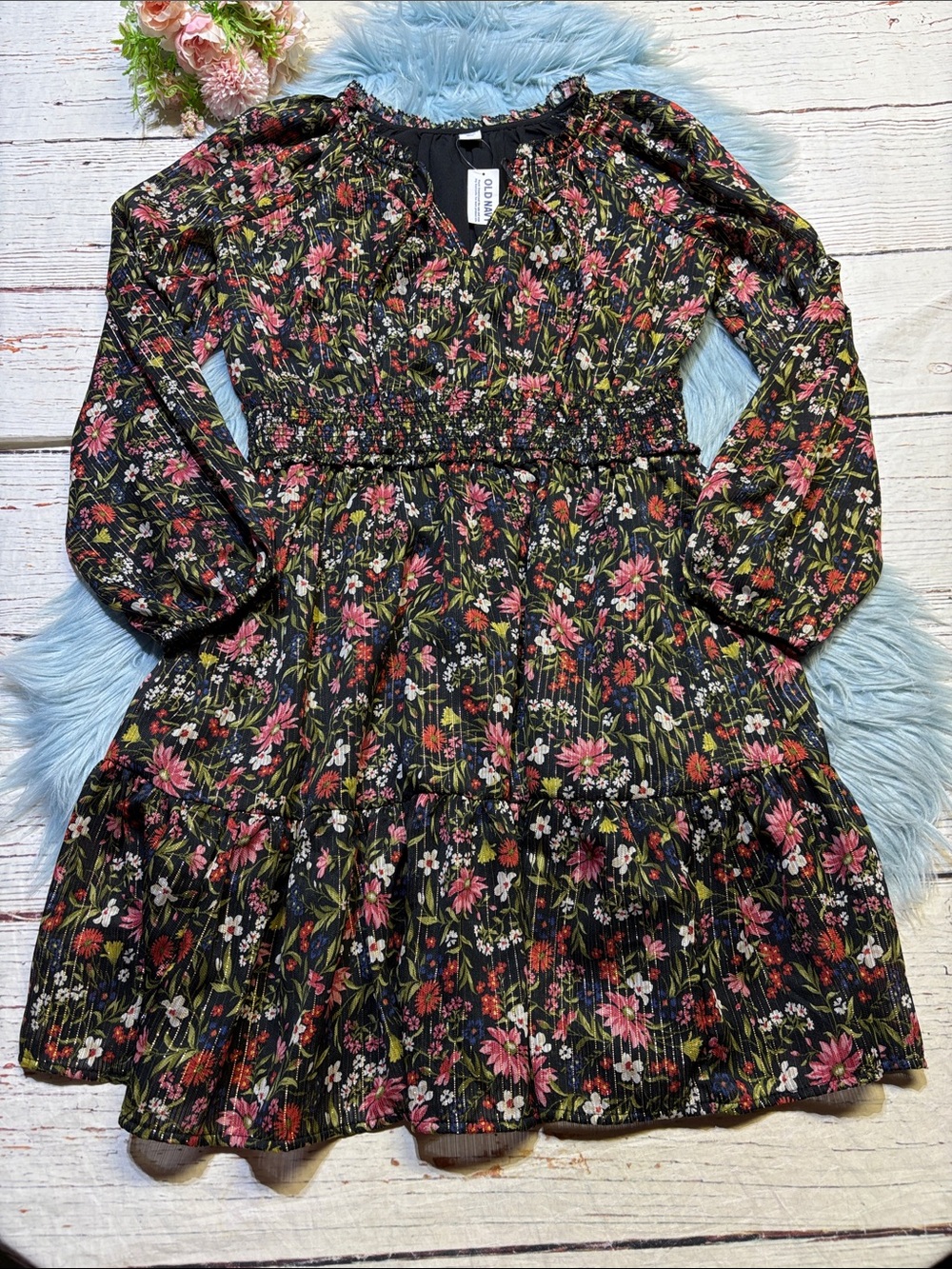 NWT Old Navy Black Floral Smocked-Waist Long Sleeve Dress sz S